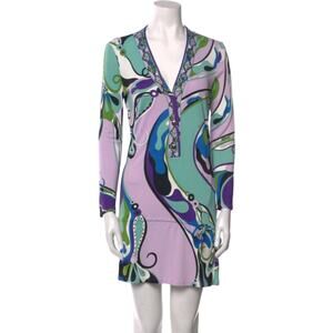Emilio Pucci Purple Multicolor Signature Print long-sleeved dress 10 sz